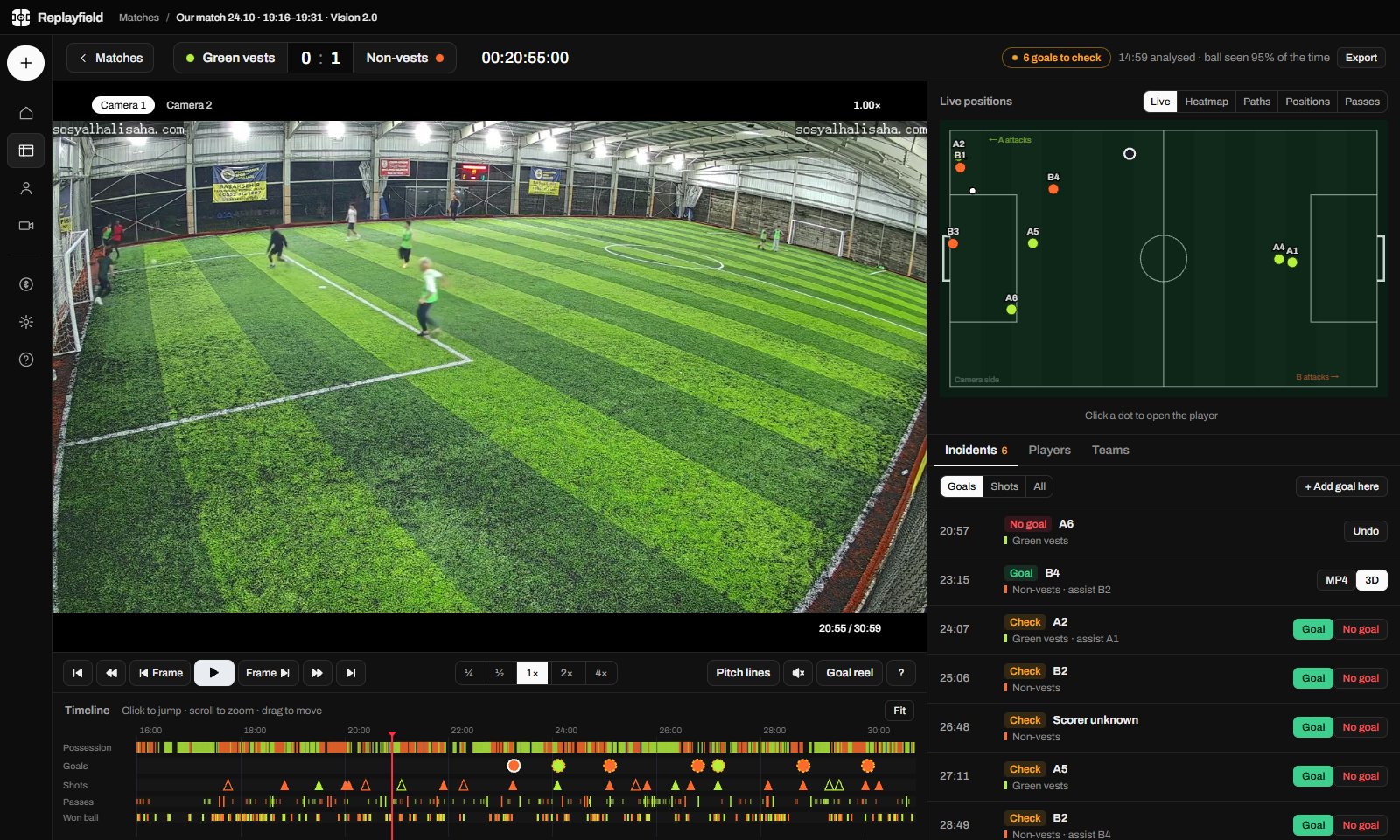The match room: the match video, a live map of every player, the timeline of goals, shots and passes, and the goals to check